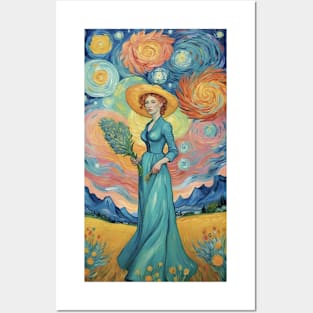 Starry Night Odyssey: Van Gogh-Inspired Landscape with Enigmatic Woman Posters and Art